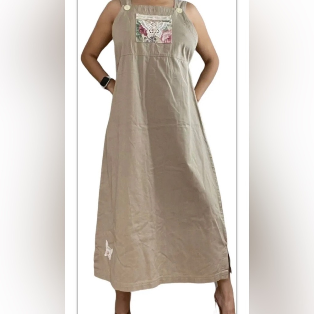 Go West Midi Overall Denim Dress Khaki Oversize Medium 100% Cotton Embroidered